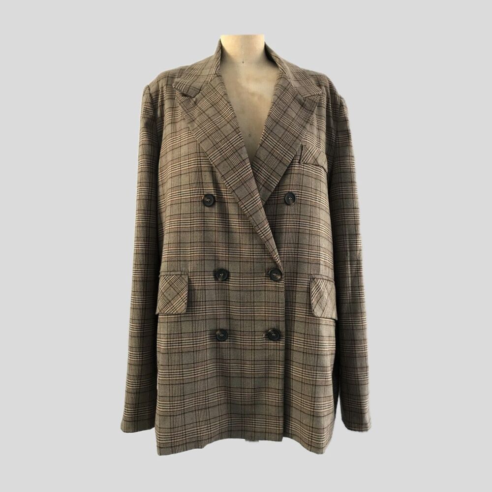The Vintage Shop Brown Plaid Double Breasted Blazer Jacket Academia Womens L